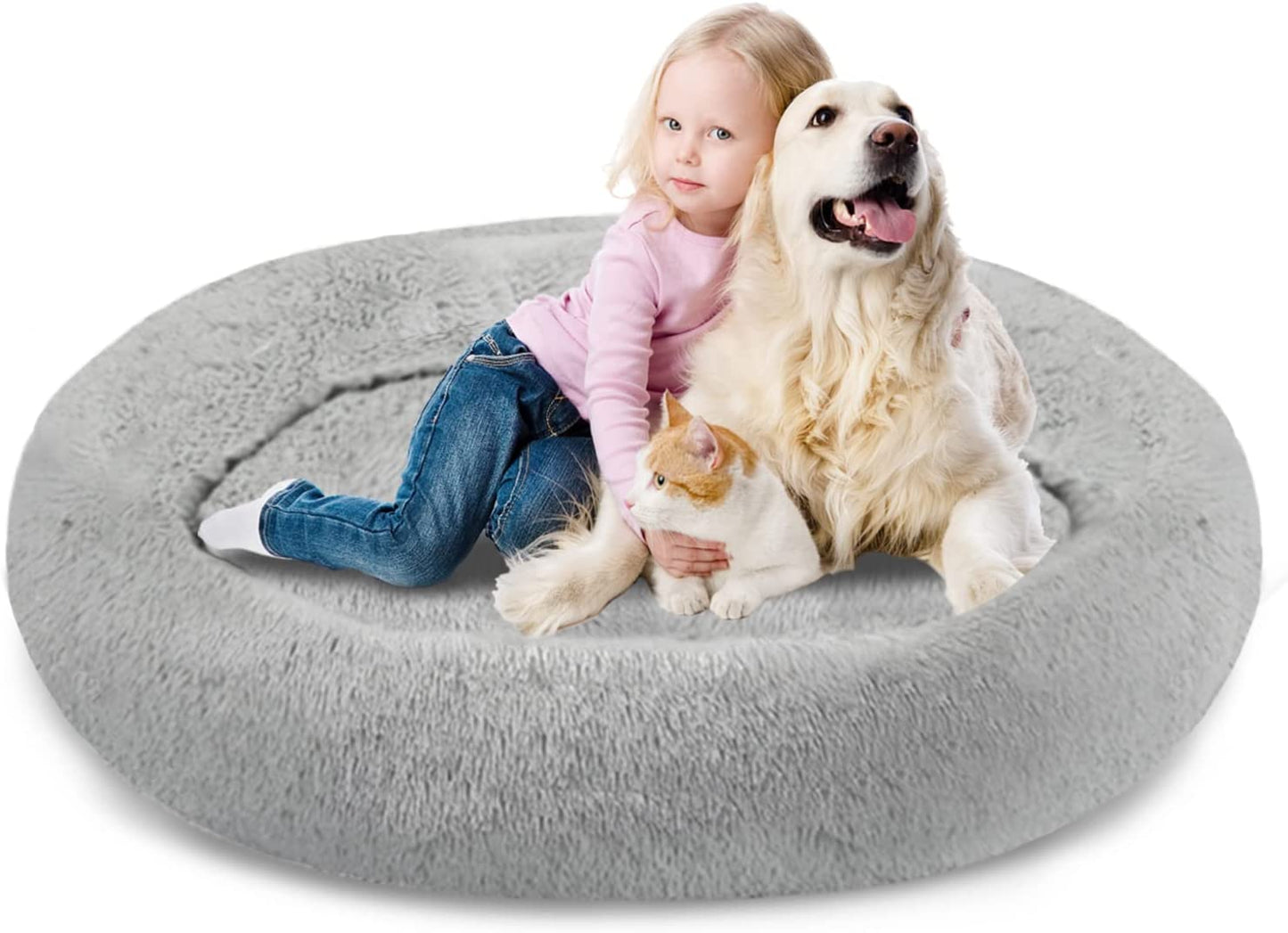 Plush Calming Donut Dog Beds for Small Dogs, Medium, Large & X-Large Breeds, Comfy Cuddler Dog Bed and Cat Bed in Faux Fur, Washable, Multiple Sizes S-XXL