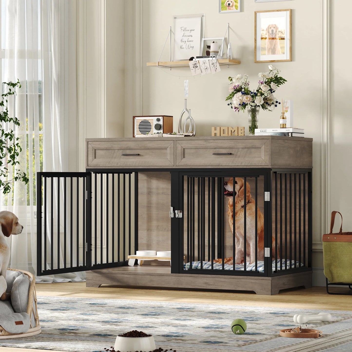 Pawsh & Co. 47" Elegant Dog Crate Furniture with 2 Drawers & Divider : Stylish Indoor Wooden Dog Cage Table for Chic Homes