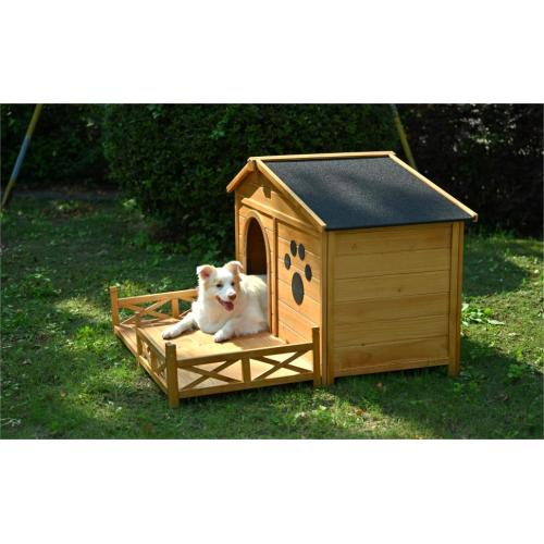 Pawsh & Co. Medium Luxury Wooden Dog House with Porch : Weather-Resistant Pine Kennel, Raised Floor, Paw Print Charm, for Stylish Indoor & Outdoor Living