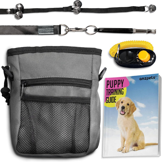 Luxury 4-in-1 Dog Training Essentials Kit – Clicker, Treat Pouch with Poop Bag Dispenser, Potty Training Doorbells & Ultrasonic Whistle – Obedience, Behavior, and Bark Control Set for Dogs of All Sizes