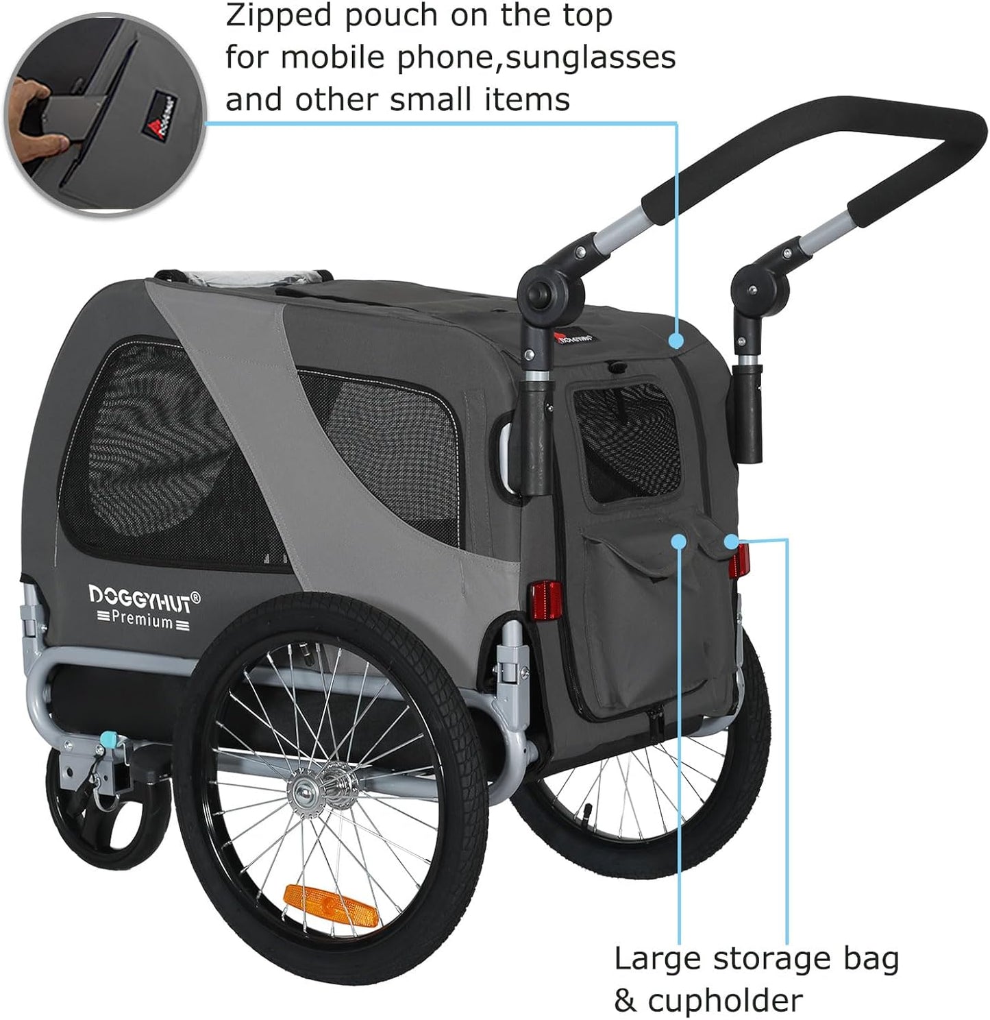 Doggyhut™ Premium 2-in-1 Pet Bike Trailer & Stroller – Medium, Foldable Frame, E-Bike Compatible, For Dogs Up to 50 lbs – Reinforced Floor, Cupholders & Storage 