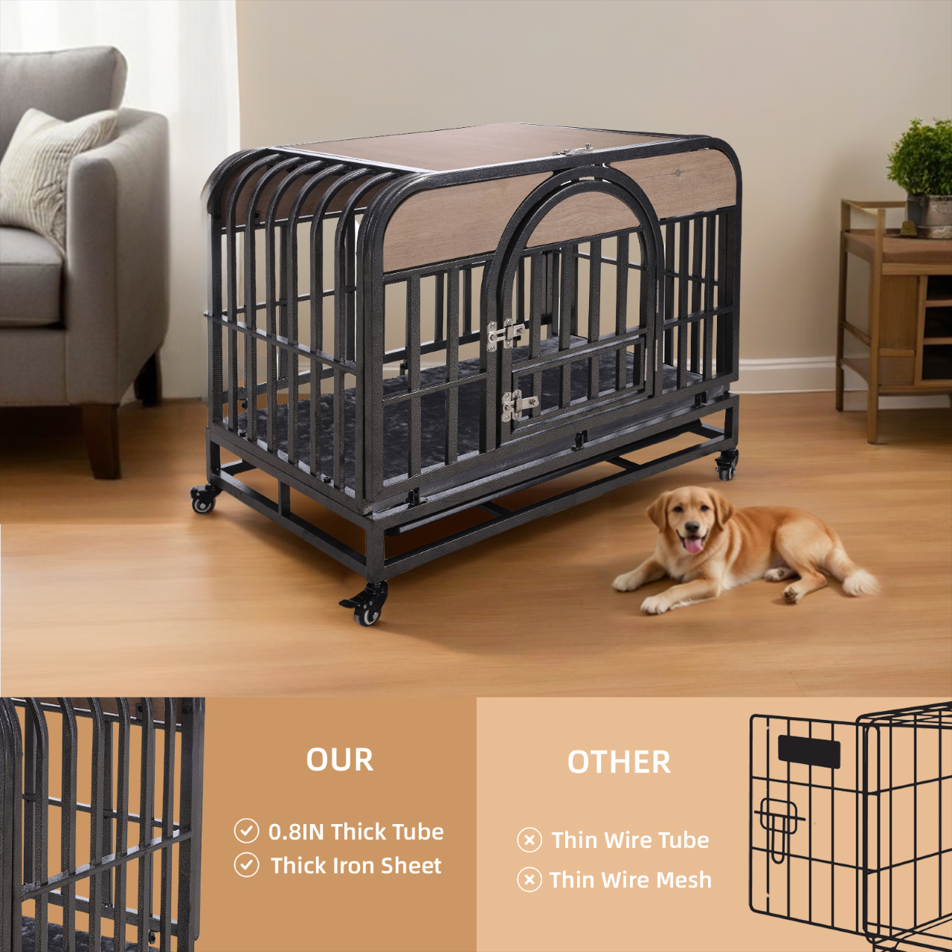 46-Inch Premium Heavy-Duty Dog Crate with Luxury Furniture-Style Design, Reinforced Steel, Removable Trays & Lockable Wheels for High-Anxiety Dogs