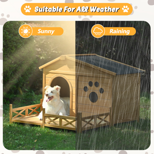 Pawsh & Co. Medium Luxury Wooden Dog House with Porch : Weather-Resistant Pine Kennel, Raised Floor, Paw Print Charm, for Stylish Indoor & Outdoor Living