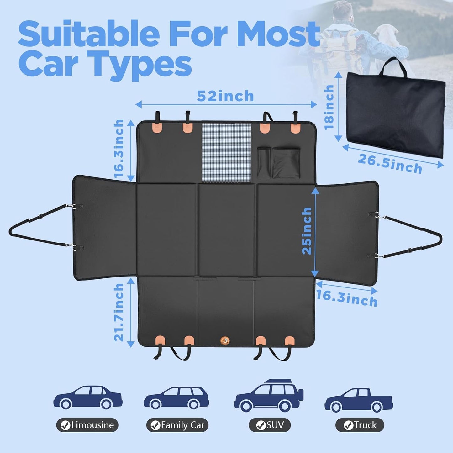 Luxury Waterproof Back Seat Extender for Dogs – Heavy-Duty PU Leather Car Hammock, Foldable with Hard Bottom, Breathable Mesh & Storage, Supports 400 lbs