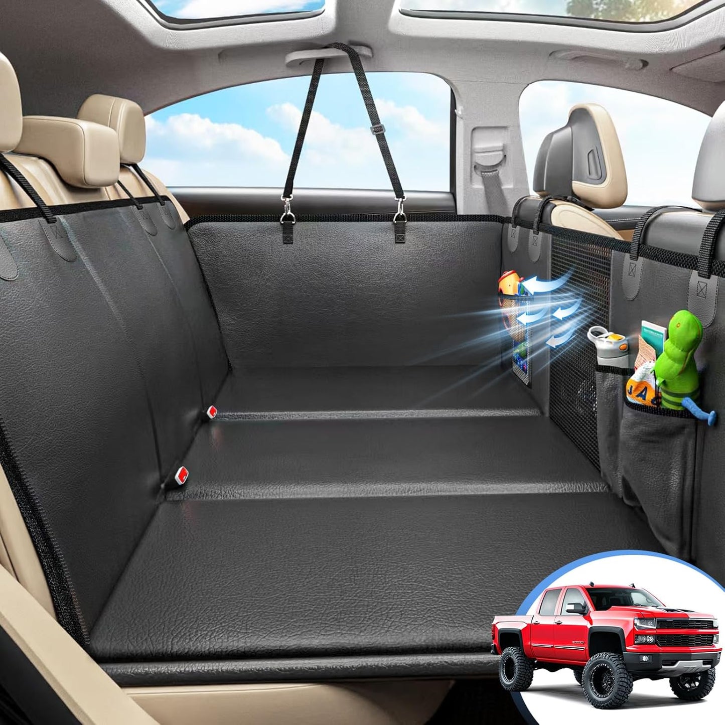 Luxury Waterproof Back Seat Extender for Dogs – Heavy-Duty PU Leather Car Hammock, Foldable with Hard Bottom, Breathable Mesh & Storage, Supports 400 lbs