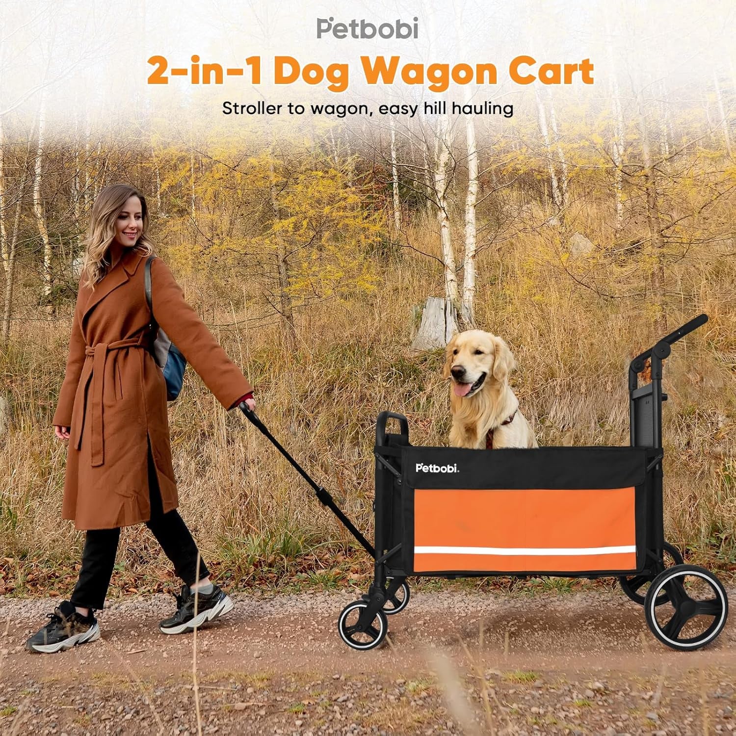 Petbobi Luxury Pet Stroller for Large Dogs — Foldable All-Terrain Wagon with Non-Slip Ramp, One-Foot Brake, Reflective Safety, and Spacious Comfort for Senior & Medium Dogs
