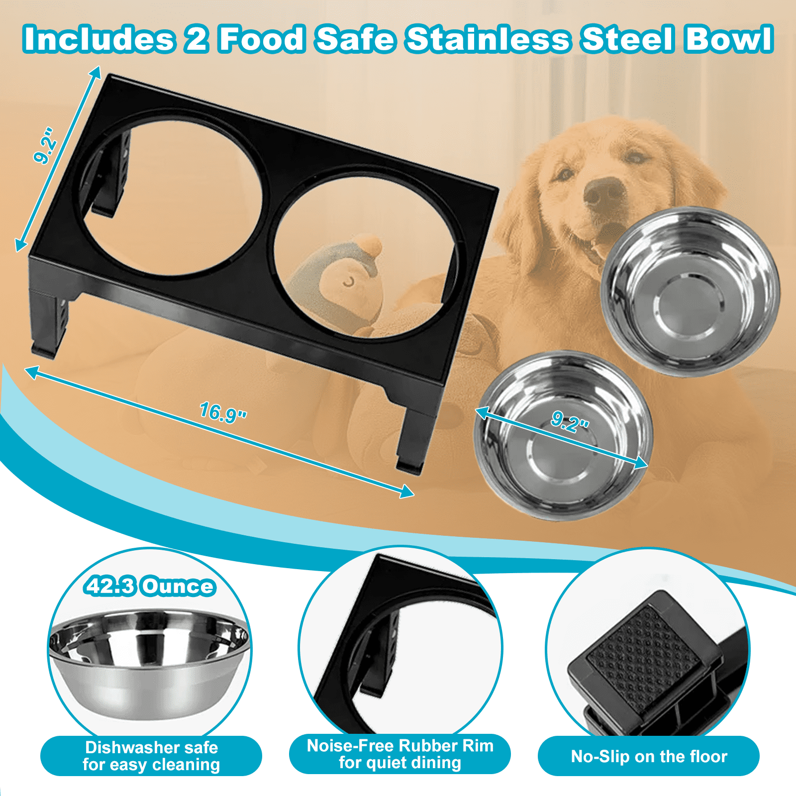 Elevated Dog Bowls : Luxury Adjustable Raised Feeder with 2 Stainless Steel Bowls, 5 Heights for Small, Medium & Large Dogs, Anti-Slip & Ergonomic for Healthy Digestion