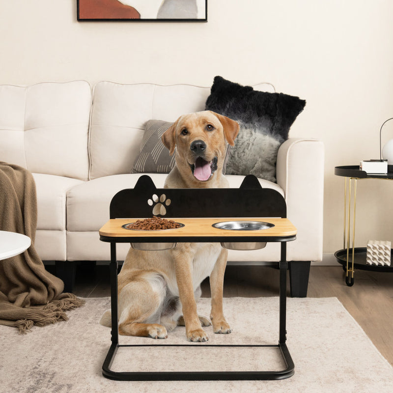 Elevated Dog Bowl Stand with Adjustable Heights – Industrial Bamboo & Stainless Steel Feeder for Medium to Large Dogs