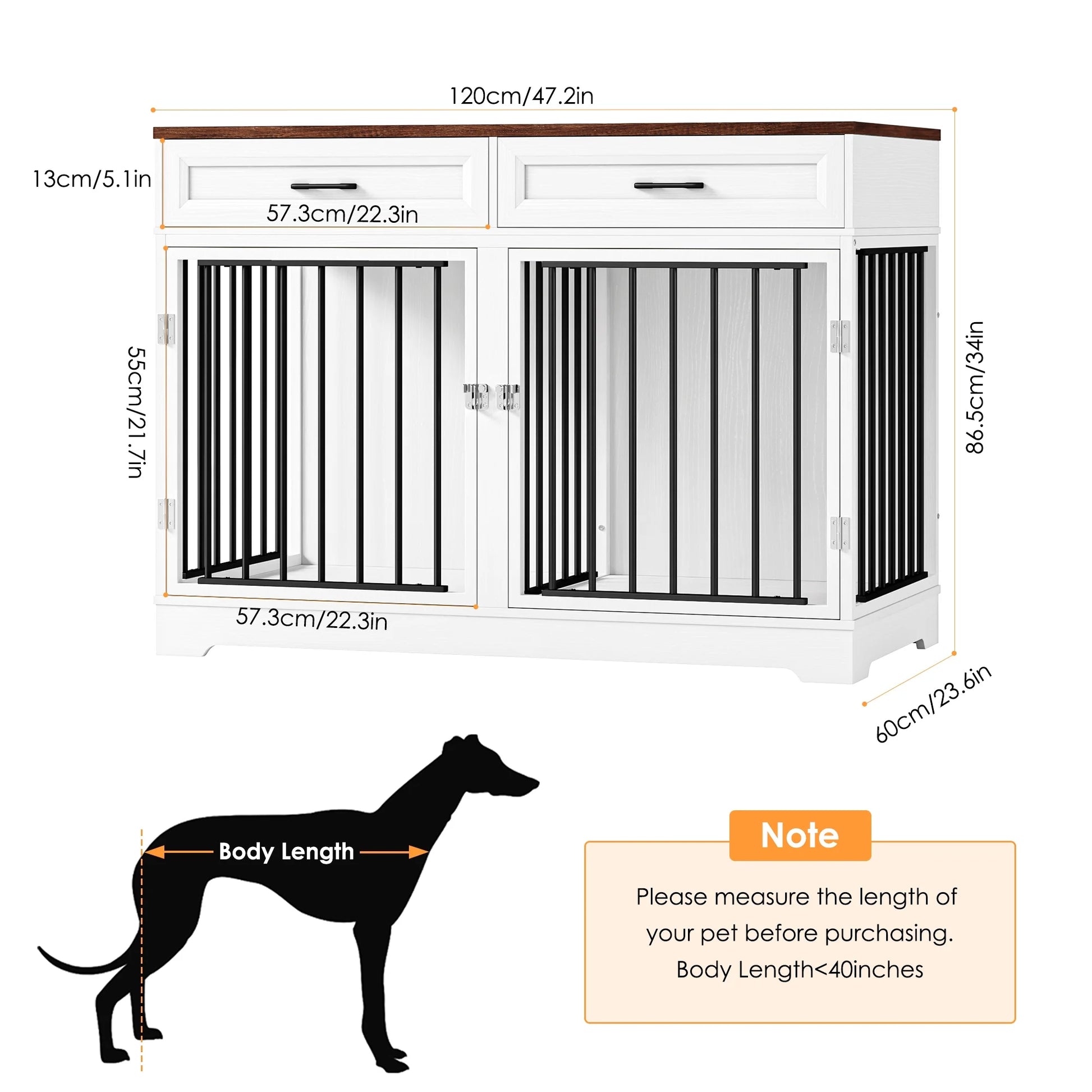 Pawsh & Co. 47" Elegant Dog Crate Furniture with 2 Drawers & Divider : Stylish Indoor Wooden Dog Cage Table for Chic Homes