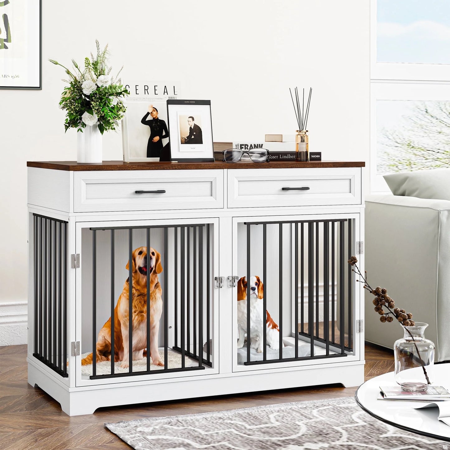 Pawsh & Co. 47" Elegant Dog Crate Furniture with 2 Drawers & Divider : Stylish Indoor Wooden Dog Cage Table for Chic Homes