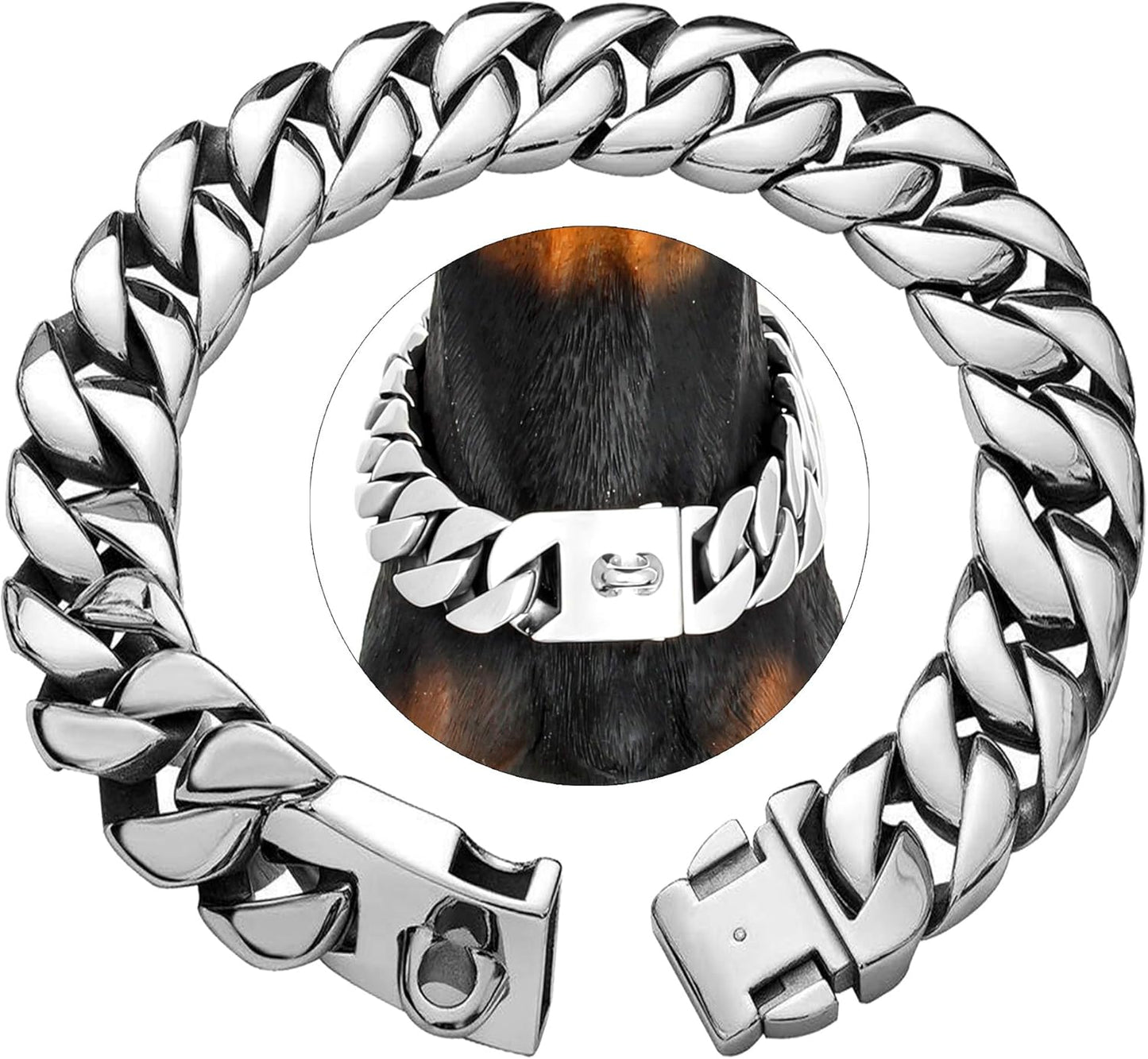 K9 LuxeLink™ 32MM Cuban Chain Dog Collar – Heavy-Duty Stainless Steel Silver Collar with Power Buckle for Strong, Large Breeds