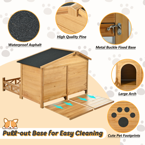 Pawsh & Co. Medium Luxury Wooden Dog House with Porch : Weather-Resistant Pine Kennel, Raised Floor, Paw Print Charm, for Stylish Indoor & Outdoor Living