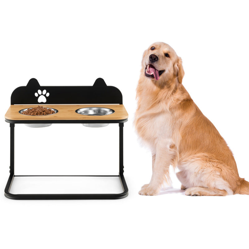Elevated Dog Bowl Stand with Adjustable Heights – Industrial Bamboo & Stainless Steel Feeder for Medium to Large Dogs