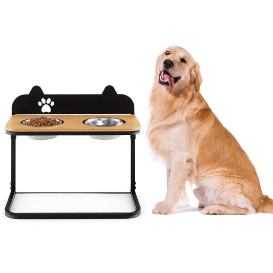 Elevated Dog Bowl Stand with Adjustable Heights – Industrial Bamboo & Stainless Steel Feeder for Medium to Large Dogs