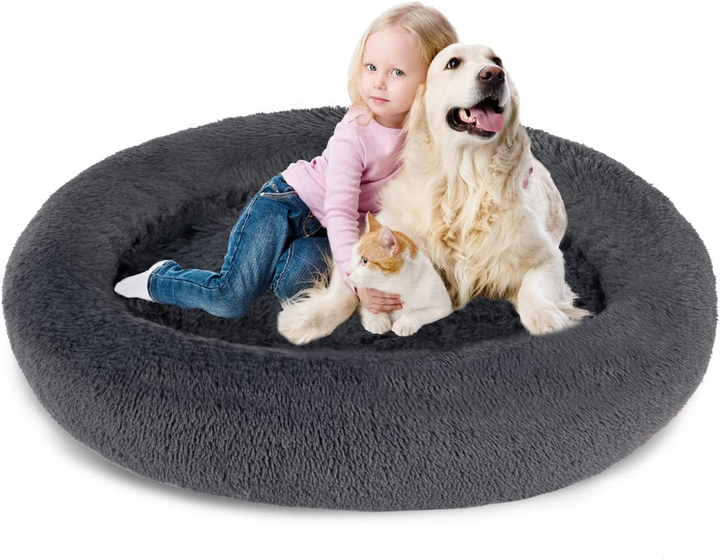 Plush Calming Donut Dog Beds for Small Dogs, Medium, Large & X-Large Breeds, Comfy Cuddler Dog Bed and Cat Bed in Faux Fur, Washable, Multiple Sizes S-XXL